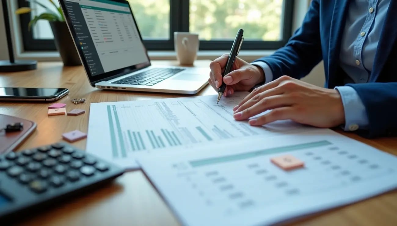 Business owner reviewing financial records and bank reconciliation report to ensure accurate cash flow.